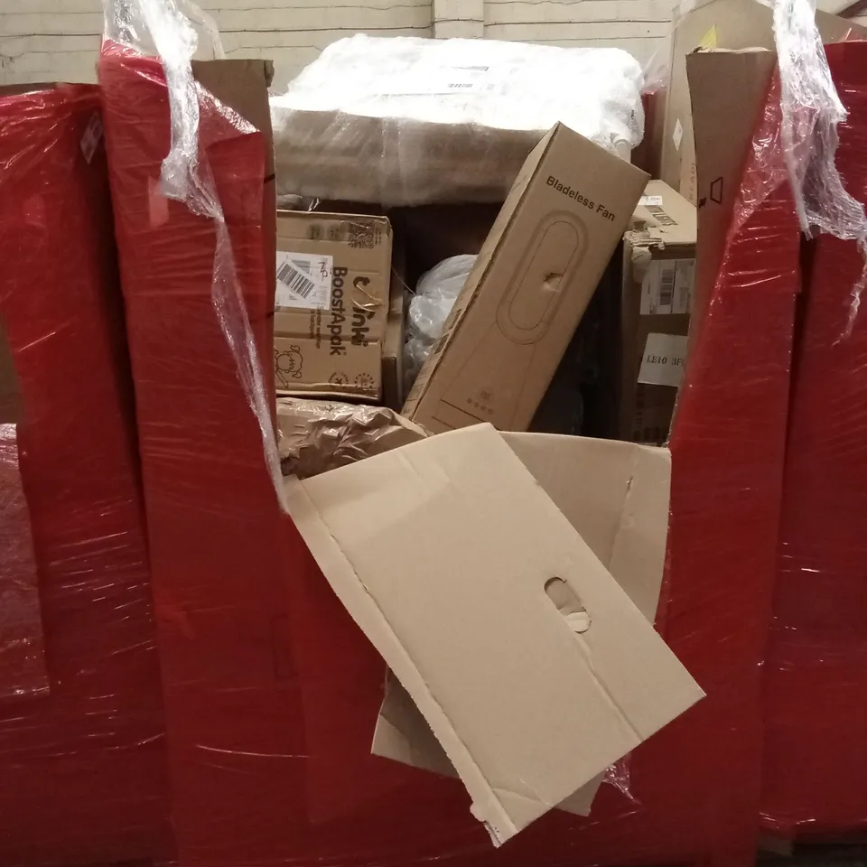 PALLET OF ASSORTED HOUSEHOLD GOODS AND PRODUCTS TO INCLUDE; FULL-LENGTH MIRRORS, BLADELESS COOLING FAN, CEILING FAN WITH LIGHT ETC