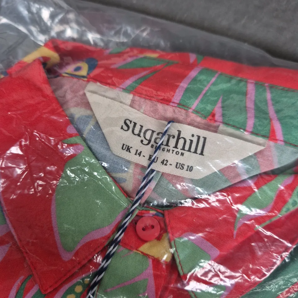 BAGGED SUGARHILL LAURETTA MIDI SHIRT DRESS – RED TROPICAL TOUCAN PRINT, UK 14