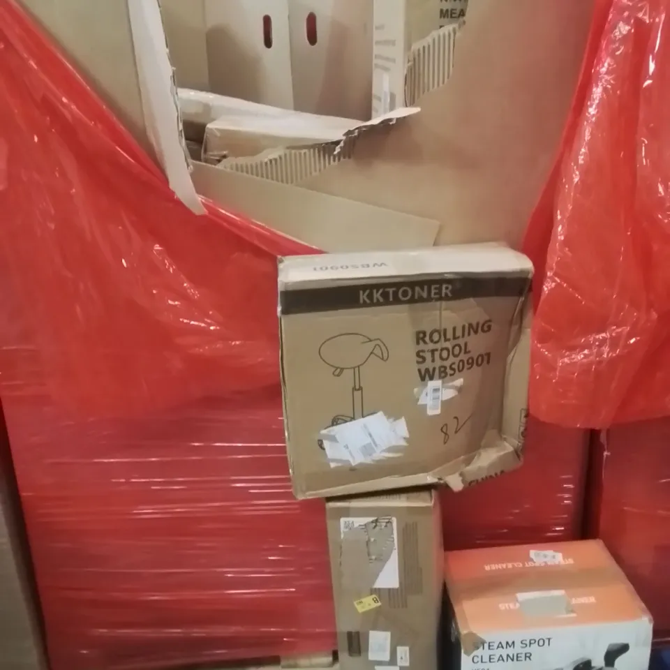 PALLET OF ASSORTED HOUSEHOLD GOODS AND PRODUCTS TO INCLUDE;STEAM SPOT CLEANER,PLAYPEN,BAR STOOL