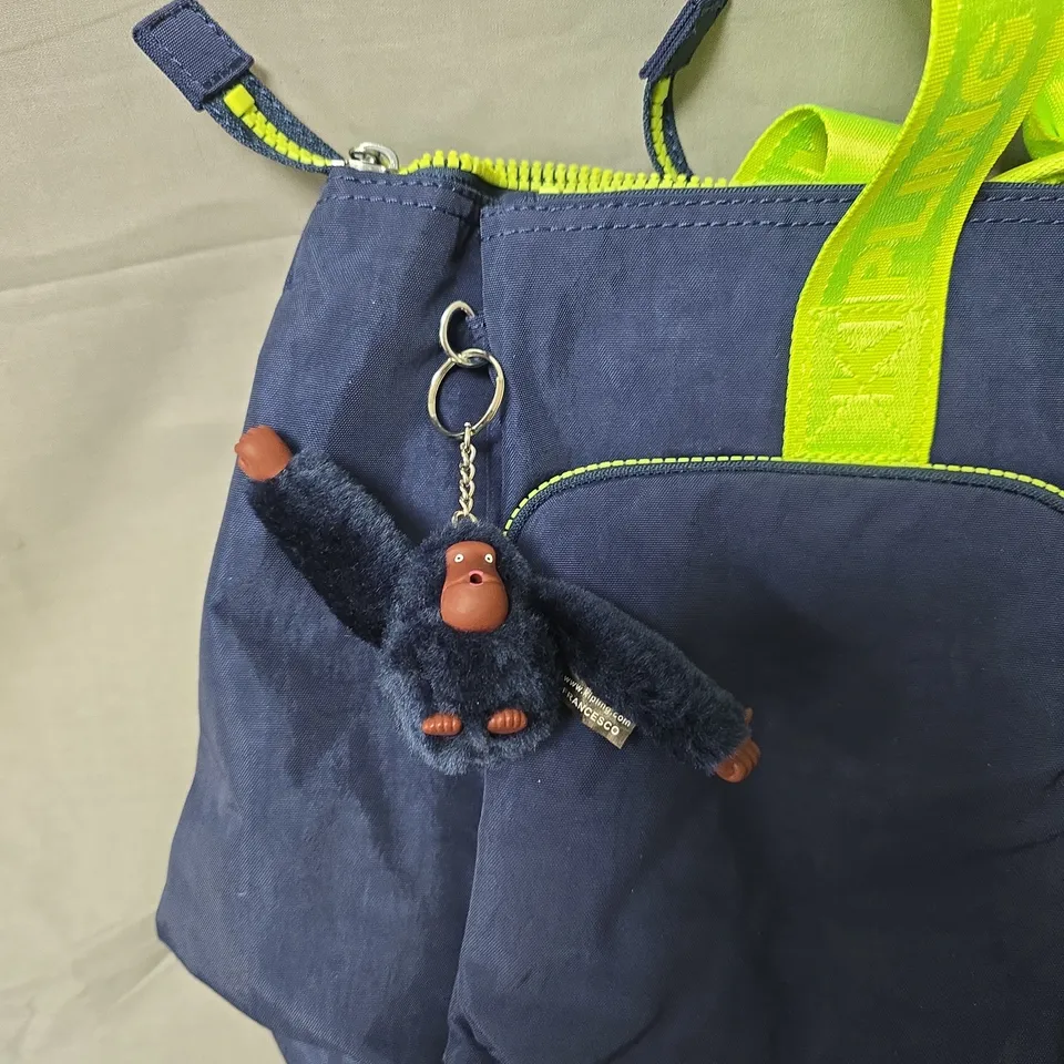 KIPLING NAVY NYLON BAG WITH NEON LIME HANDLES AND MONKEY KEYCHAIN