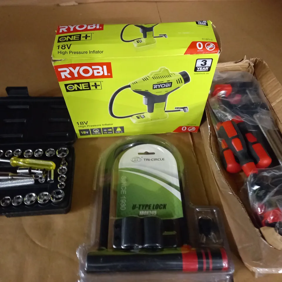 LOT OF 4 ASSORTED ITEMS TO INCLUDE HIGH PRESSURE INFLATOR, CLAMP SET AND SOCKET SET