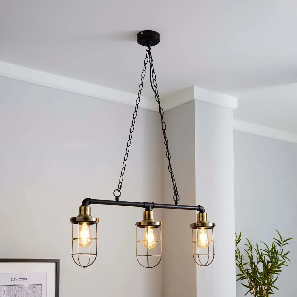 BOXED MILAS PIPE INDUSTRIAL 3 LIGHT BAR BLACK DINER CEILING FITTING BLACK