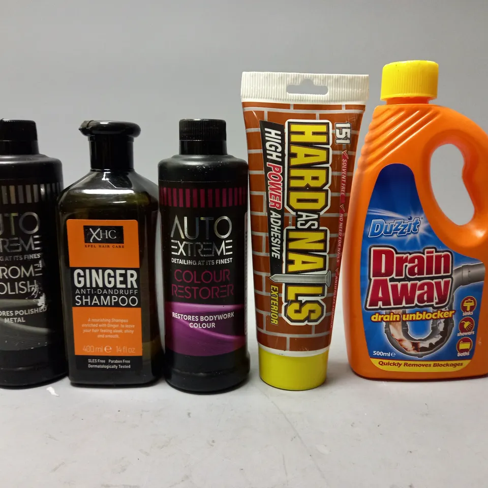 BOX OF APPROX 20 ASSORTED CLEANING PRODUCTS TO INCLUDE - DRAIN AWAY - GINGER SHAMPOO - AUTO EXTREME CHROME POLISH ETC