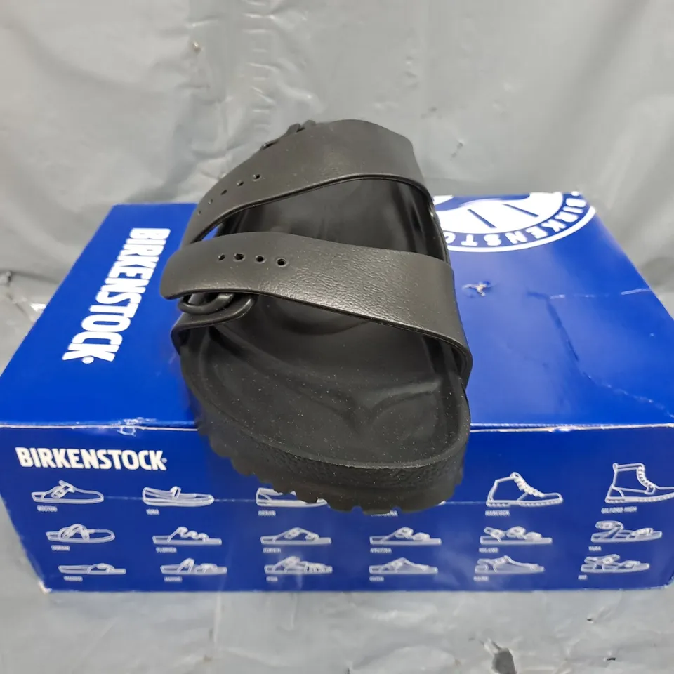 BOXED PAIR OF BIRKENSTOCK ARIZONA EVA OPEN TOE SANDALS IN BLACK SIZE UK 11.5
