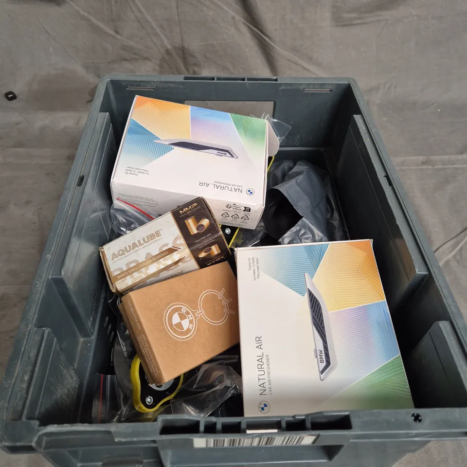 TOTE OF APPROXIMATELY. 10 ASSORTED CAR ITEMS TO INCLUDE TOOLS , CAR AIR FRESHENERS , AND LUBRICATED BEARINGS 