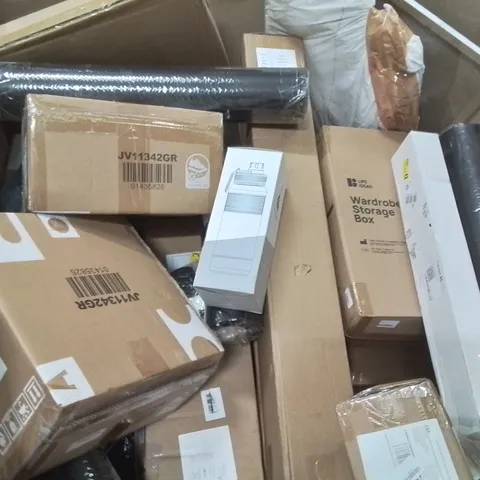 PALLET CONTAINING VARIOUS ASSORTED BOXED HOUSEHOLD ITEMS TO INCLUDE: CLOTHES AIRERS, FLOOR MATS, WARDROBE STORAGE BOXES, PLASTIC FLASK AND LOTS MORE UNMARKED BOXED ITEMS 