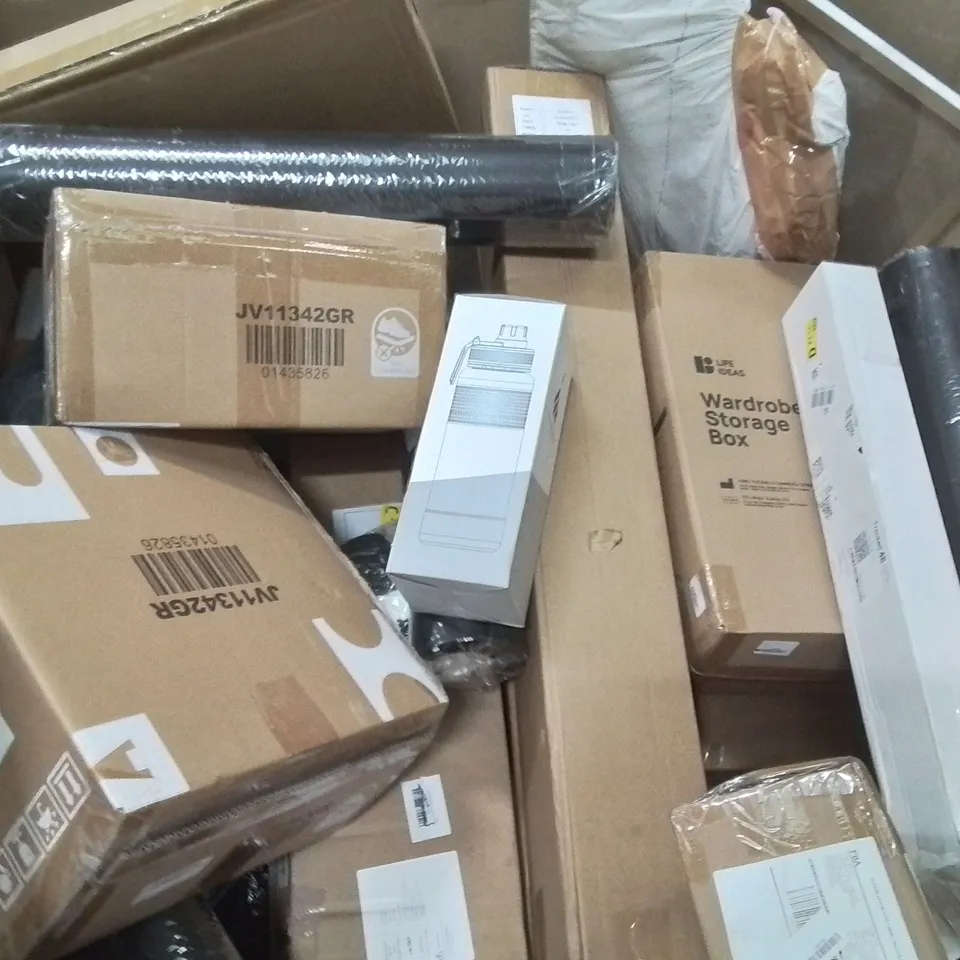 PALLET CONTAINING VARIOUS ASSORTED BOXED HOUSEHOLD ITEMS TO INCLUDE: CLOTHES AIRERS, FLOOR MATS, WARDROBE STORAGE BOXES, PLASTIC FLASK AND LOTS MORE UNMARKED BOXED ITEMS 