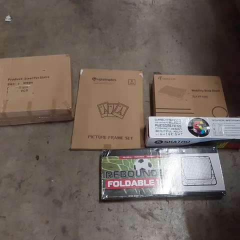 PALLET OF ASSORTED ITEMS INCLUDING: SKATEBOARD, STEEL PET STAIRS, MOBILITY STEP STOOL, FOOTBALL REBOUNDER, PICTURE FRAME SET ECT