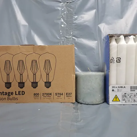 APPROXIMATELY 10 ASSORTED HOUSEHOLD ITEMS TO INCLUDE SCENTED CANDLE, VINTAGE LED EDISON BULBS, ETC - COLLECTION ONLY
