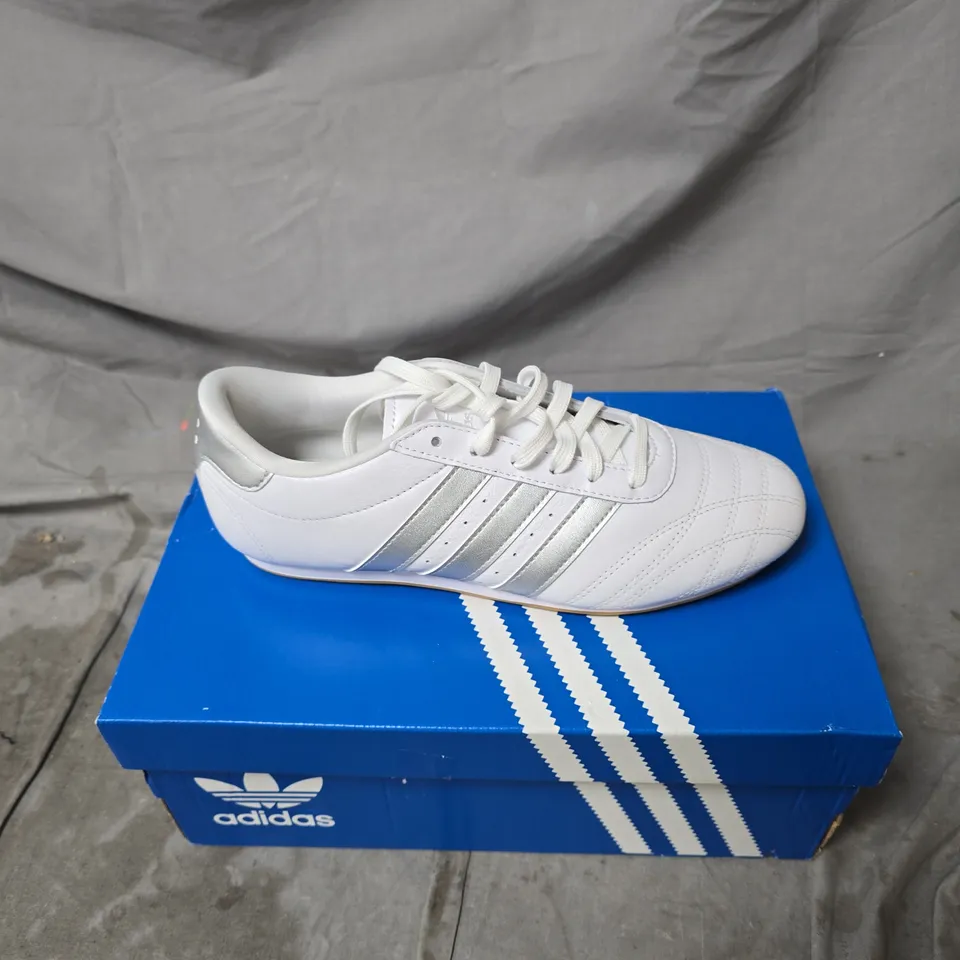 ADIDAS WHITE SNEAKERS WITH SILVER 3-STRIPES – BOXED SIZE 6