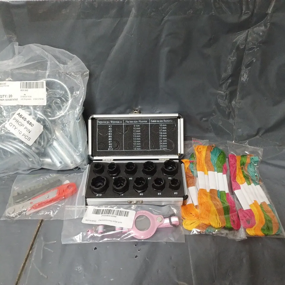 BOX OF APPROXIMATELY 20 ASSORTED HOUSEHOLD ITEMS TO INCLUDE PROP PINS, CAT COLLAR AND A MULTI TOOL