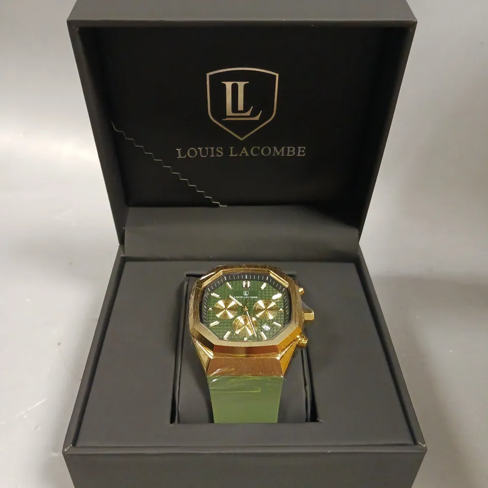 MENS LOUIS LACOMBE CHRONGRAPH WATCH – 3 SUB DIALS – GOLD COLOUR CASE – GREEN RUBBER STRAP