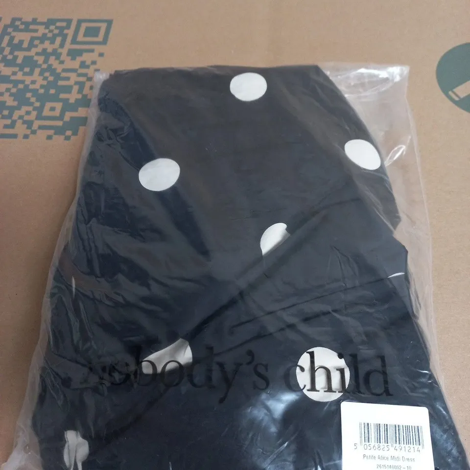 NOBODYS CHILD PETITE ALICE MIDI DRESS – BLACK WITH WHITE POLKA DOTS SIZE 10