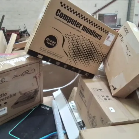 PALLET CONTAINING VARIOUS ASSORTED HOUSEHOLD ITEMS TO INCLUDE: CHAMFERING MACHINE, COMPUTER MONITOR, AUDIO TURNTABLE, LAPTOP COOLER AND LOTS MORE UNMARKED BOXED ITEMS 
