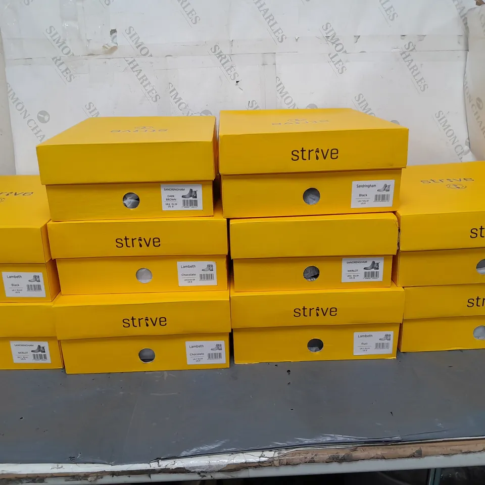 10 PAIRS OF BOXED STRIVE BOOTS IN VARIOUS SIZES AND COLOURS