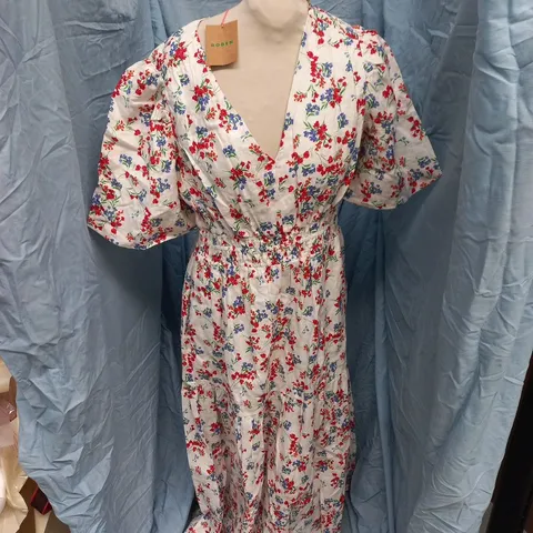 BODEN FLORAL PRINT DRESS – UK 12R – WHITE WITH RED/BLUE FLOWERS