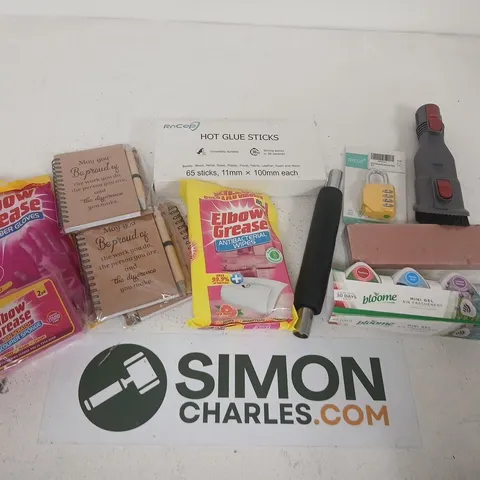 ASSORTED TOOLS & HARDWARE LOT: HOT GLUE STICKS, PADLOCK, WIPES, GLOVES, AIR FRESHENERS