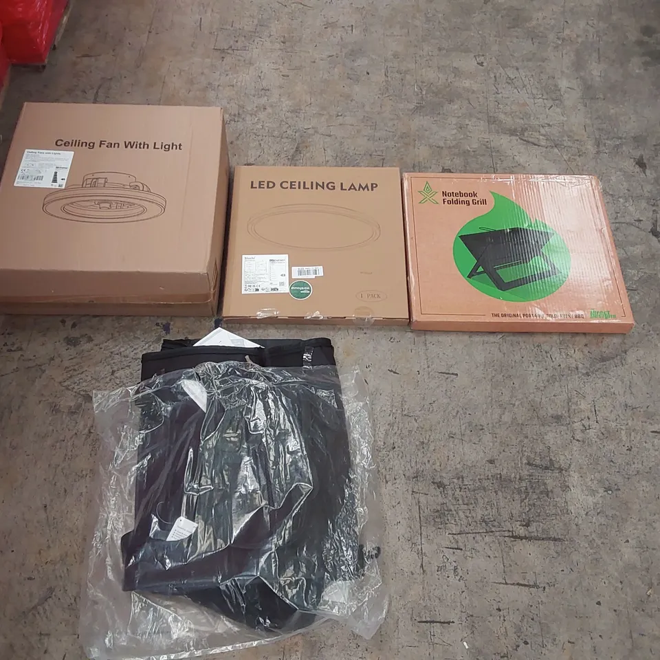 PALLET OF ASSORTED ITEMS INCLUDING: BOXED SIMBA MATTRESS, CEILING FAN WITH LIGHT, LED CEILING FAN, NOTEBOOK FOLDING GRILL, PORTABLE PET CRATE ECT