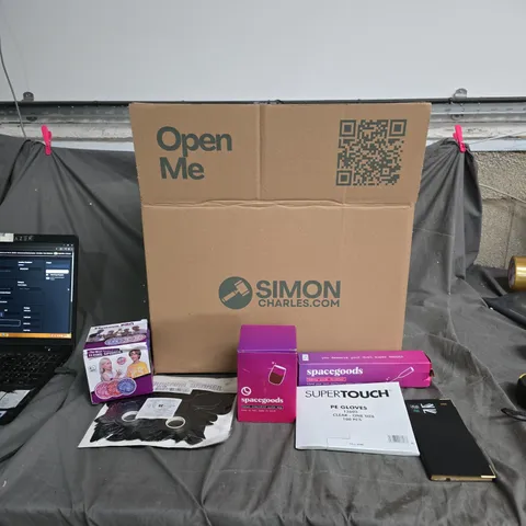 APPROXIMATELY 15 IEMS OF HEALTH & BEAUTY ASSORTMENT IN OPEN CARTON BOX – SUPERTOUCH GLOVES AND VARIOUS HOUSEHOLD ITEMS .