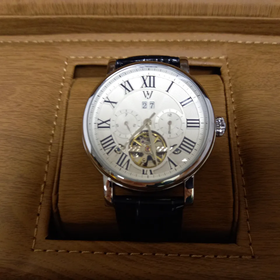 WILLIAM JOURDAIN PART SKELETON WAVE DIAL LEATHER STRAP WATCH
