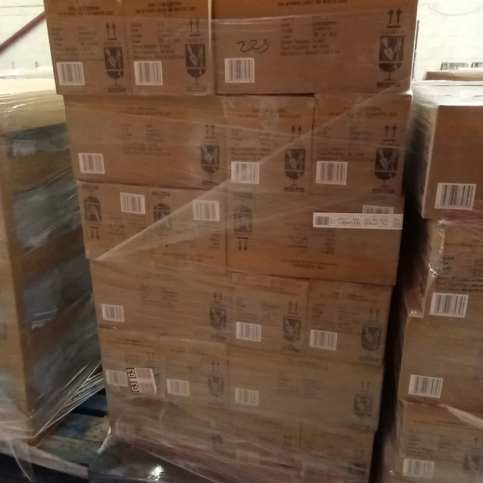 PALLET TO CONTAIN APPROXIMATELY 48 BOXES OF BRAND NEW GARDEN SOLAR STAKE LIGHTS // 36 STAKE LIGHTS PER BOX