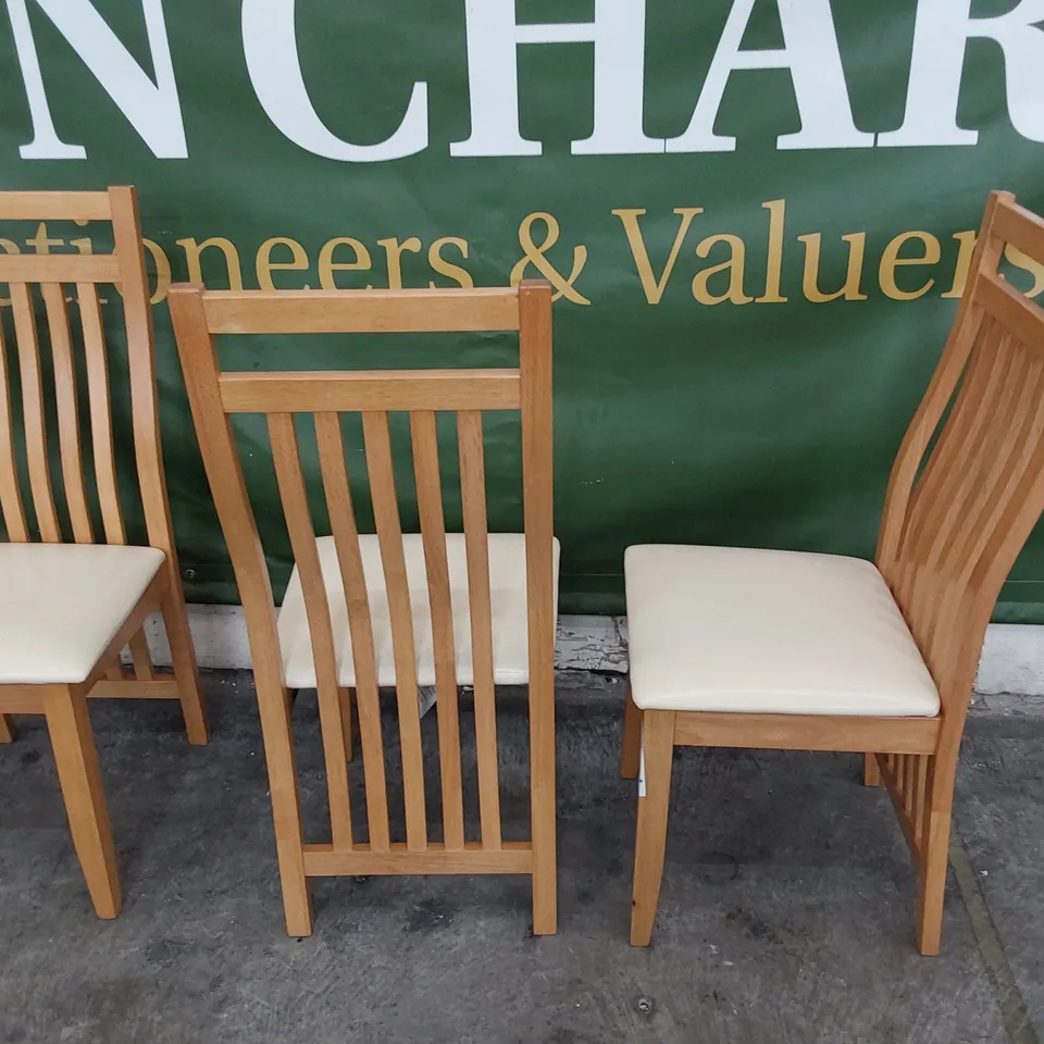 SET OF THREE NATURAL WOOD DINING CHAIRS CREAM PU SEATS
