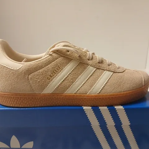 BOXED PAIR OFADIDAS GAZELLE J SNEAKERS - BEIGE SUEDE - UK 5.5 