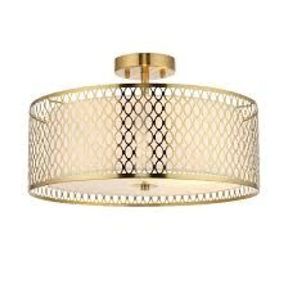 BOXED ENDON CORDERO 3 LIGHT FLUSH CEILING LIGHT GOLD EFFECT PLATE, WHITE FABRIC & FROSTED GLASS