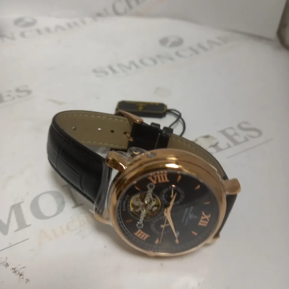 BOXED SAMUEL JOSEPH AUTOMATIC ROSE BLACK WATCH WITH LEATHER STRAP