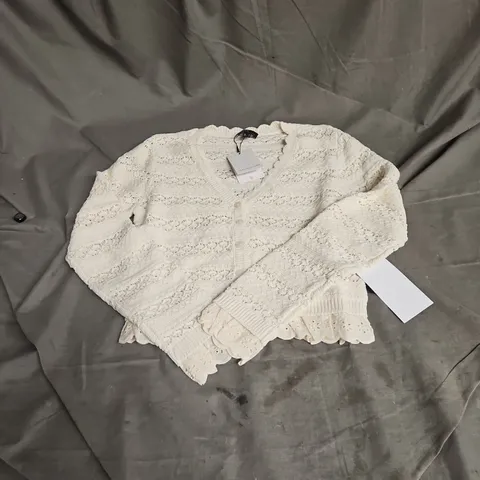 NOBODY'S CHILD BRODERIE CUFF POINTELLE CARDIAN IN KNITTED IVORY SIZE S