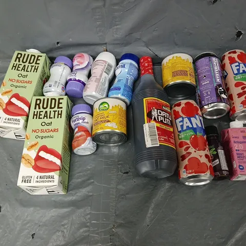 TOTE OF APPROXIMATELY 10 ASSORTED DRINKS ITEMS TO INCLUDE - FANTA, RUDE HEALTH OAT, AND APTAMIL ETC. 