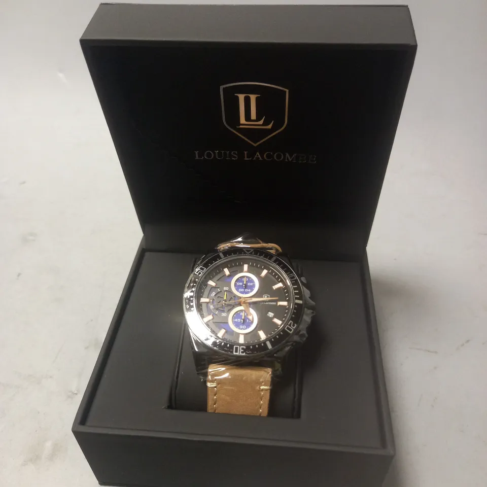 LOUIS LACOMBE GENTS STAINLESS STEEL BLACK FACED CHRONOGRAPH WATCH WITH TAUPE STRAP IN GIFT BOX