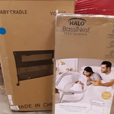 PALLET OF ASSORTED HOUSEHOLD ITEMS TO INCLUDE MULTI TRADING BENCH, BABY CRADLE AND FLEX SLEEPER