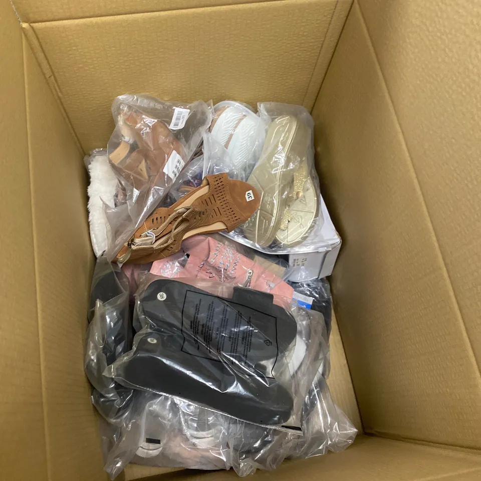 BOX OF 25 ASSORTED FOOTWEAR ITEMS TO INCLUDE: INSOLES, SOCKS, CROCS, F&F HEELS, YDS BOOTS ETC