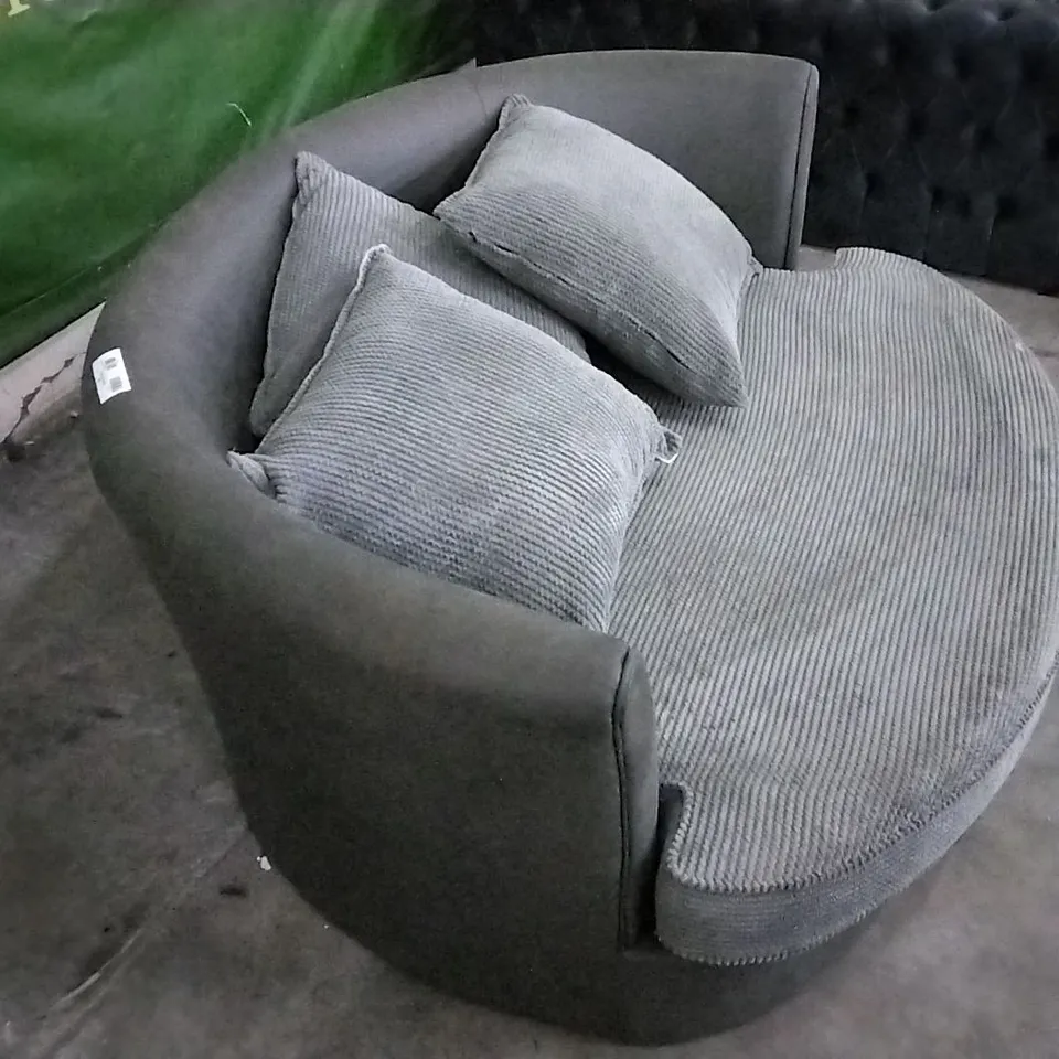 QUALITY LOVESEAT WITH ELEPHANT GREY CUSHIONS AND LEATHER BACK WITH SCATTERBACK CUSHIONS