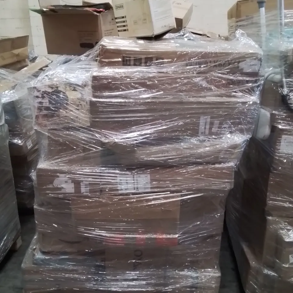 PALLET CONTAINING VARIOUS ASSORTED BOXED ITEMS TO INCLUDE. CAMPING CHAIRS, PORTABLE AIR PUMP/JUMP STARTER, MULTIFUNCTIONAL SHELF AND LOTS MORE UNMARKED BOXED ITEMS 