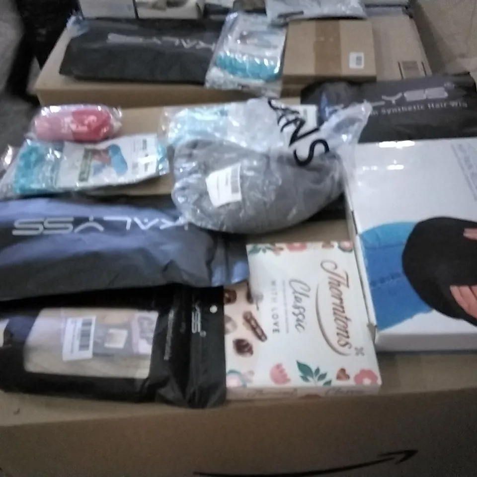 PALLET OF ASSORTED ITEMS INCLUDING NATRA CURE GEL BOOTIES, ICE ROLLER, KALYSS WIGS, THORNTONS, NATRA CURE HIP PAIN RELIEF WRAP, NATRA CURE WARMING EYE MASK