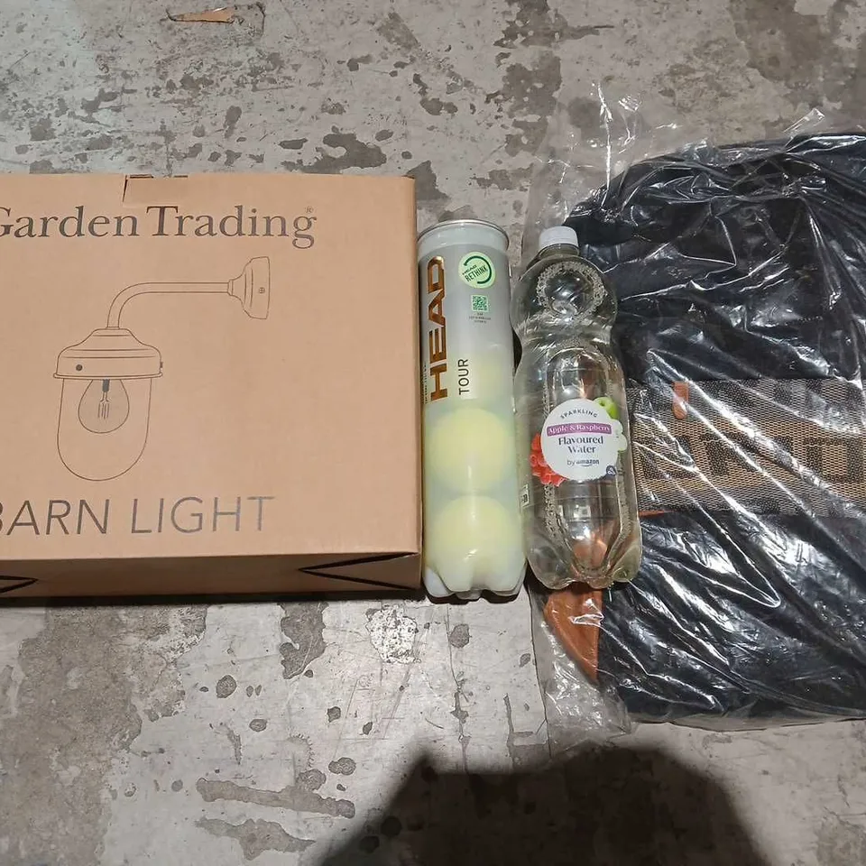 LARGE BOX OF APPROX 10 ASSORTED ITEMS TO INCLUDE - BARN LIGHT , FLAVOURED WATER , HEAD TOUR TENNIS BALLS ETC