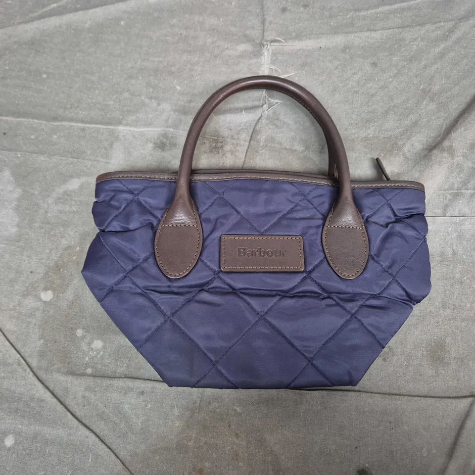 BARBOUR QUILTED NAVY HANDBAG WITH BROWN LEATHER TRIM