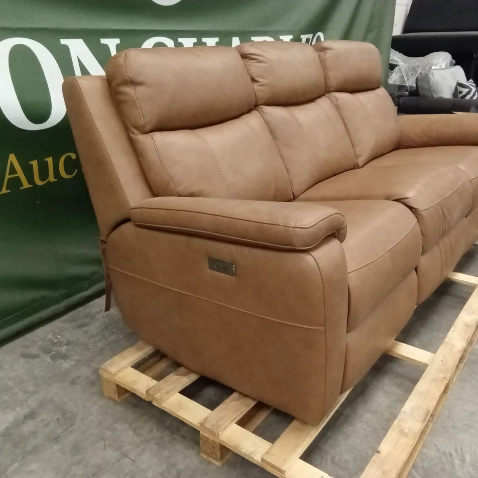 QUALITY DESIGNER 3 SEATER POWER RECLINING TAN LEATHER SOFA