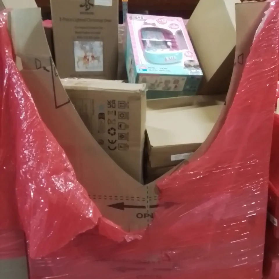 PALLET CONTAINING VARIOUS ASSORTED BOXED HOUSEHOLD ITEMS TO INCLUDE: LOL DOLL TRAVEL SUITCASE, 3 PIECE CHRISTMAS DEER SET, EXERCISE BOARDS AND LOTS MORE UNMARKED BOXED ITEMS 