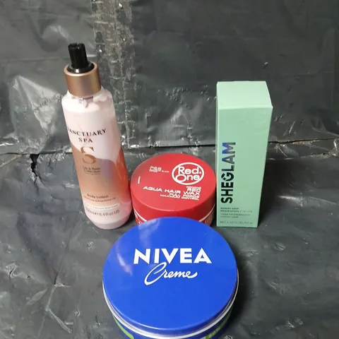 APPROXIMATEY 20 ASSORTED HEALTH AND BEAUTY PRODUCTS TO INCLUDE sheglam primer, red one hair wax AND NIVEA CREME