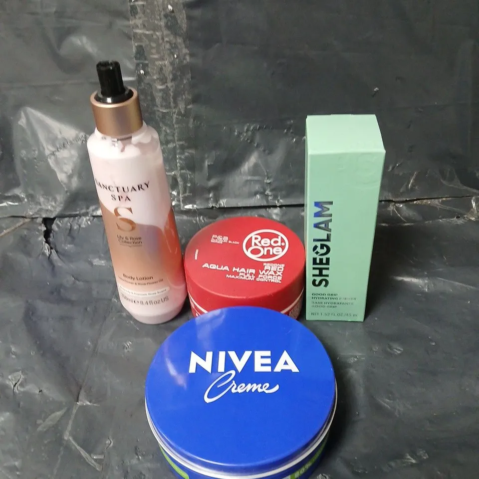 APPROXIMATEY 20 ASSORTED HEALTH AND BEAUTY PRODUCTS TO INCLUDE sheglam primer, red one hair wax AND NIVEA CREME