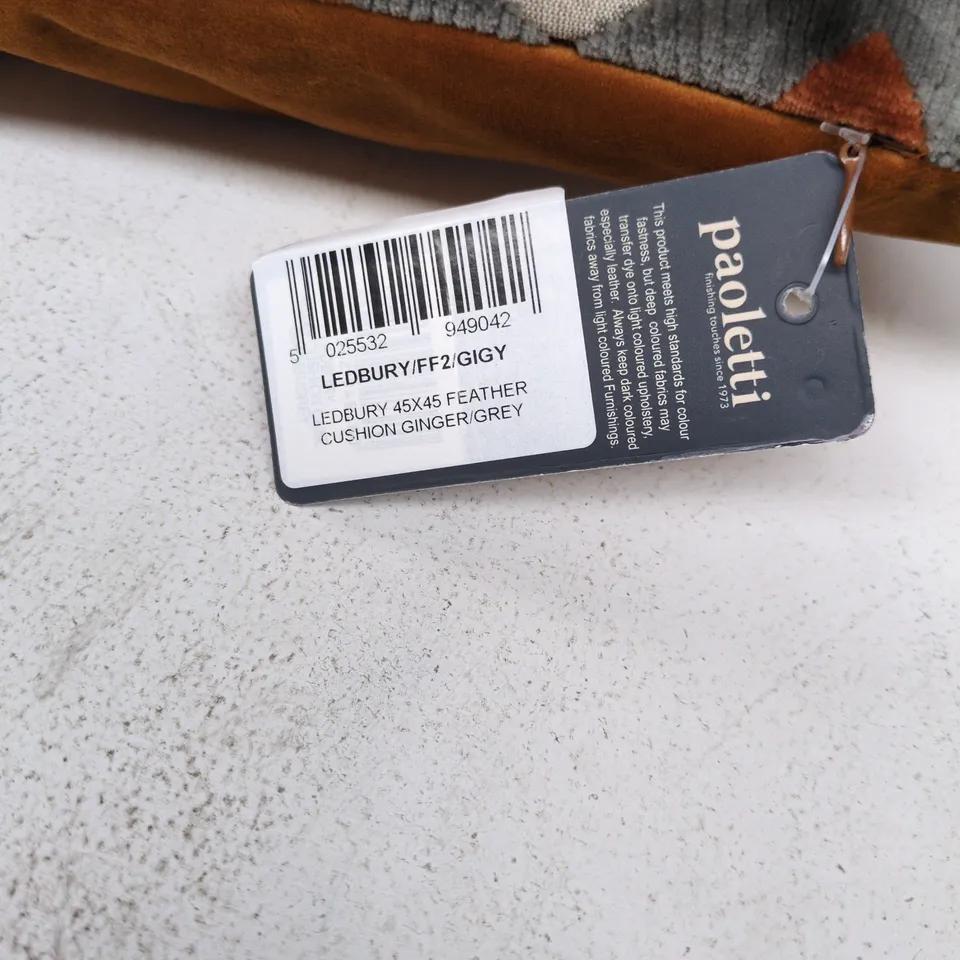 PAOLETTI LEDBURY 45X45 FEATHER CUSHION – GINGER/GREY, GEOMETRIC PATTERN