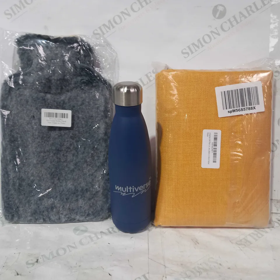 BOX OF APPROXIMATELY 5 ASSORTED HOUSEHOLD ITEMS TO INCLUDE STAINLESS STEEL WATER BOTTLE IN BLUE, SOFT GREY HOT WATER BOTTLE, ETC