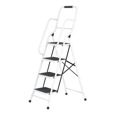 BOXED 5.2FT STEEL 4 STEP LADDER WITH SAFETY HANDRAIL, FOLDABLE - WHITE (1 BOX)