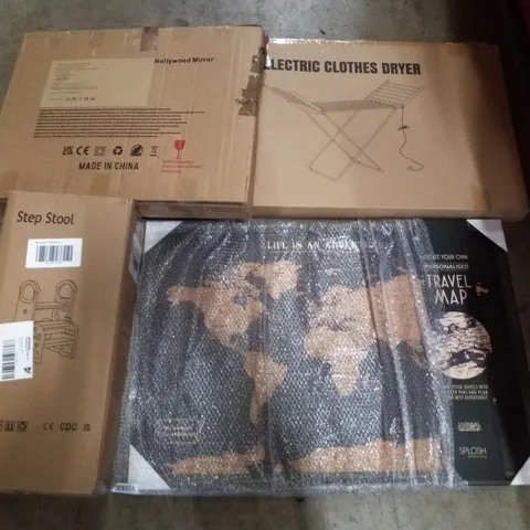PALLET CONTAINING ASSORTED PRODUCTS INCLUDING ELECTRIC CLOTHES DRYER, STEP STOOL, CORK WORLD TRAVEL MAP & HOLLYWOOD MIRROR