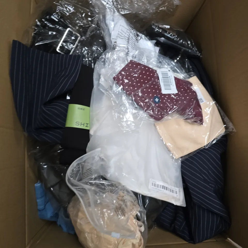 LARGE BOX OF APPROXIMATELY 25 ASSORTED CLOTHING ITEMS IN VARIOUS COLOURS, STYLES AND SIZES - COLLECTION ONLY