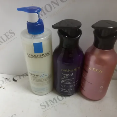 approximately 3 assorted COSMETICS ITEMS TO INCLUDE LA ROCHE-POSAY LIPID REPLENISHING CREAM WASH (400Ml), NATIVASPA ROSE BODY LOTION (400ml), NATIVASPA ORCHID NOIR NIGHT REPAIR BODY LOTION (400ml), ET