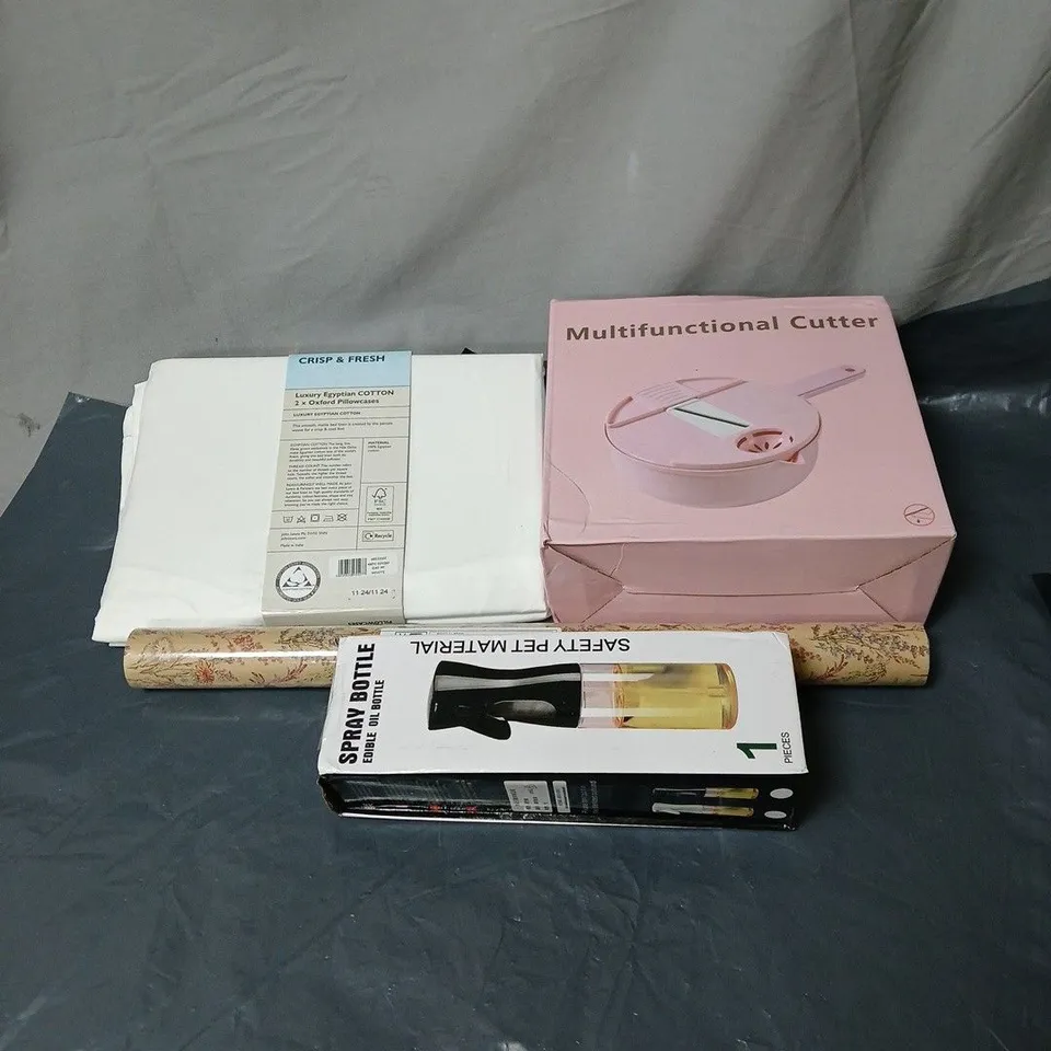 BOX OF APPROXIMATELY 15 ASSORTED HOUSEHOLD ITEMS TO INCLUDE MULTIFUNCTIONAL CUTTER, SPRAY BOTTLE, WALLPAPER, PILLOWCASES ETC